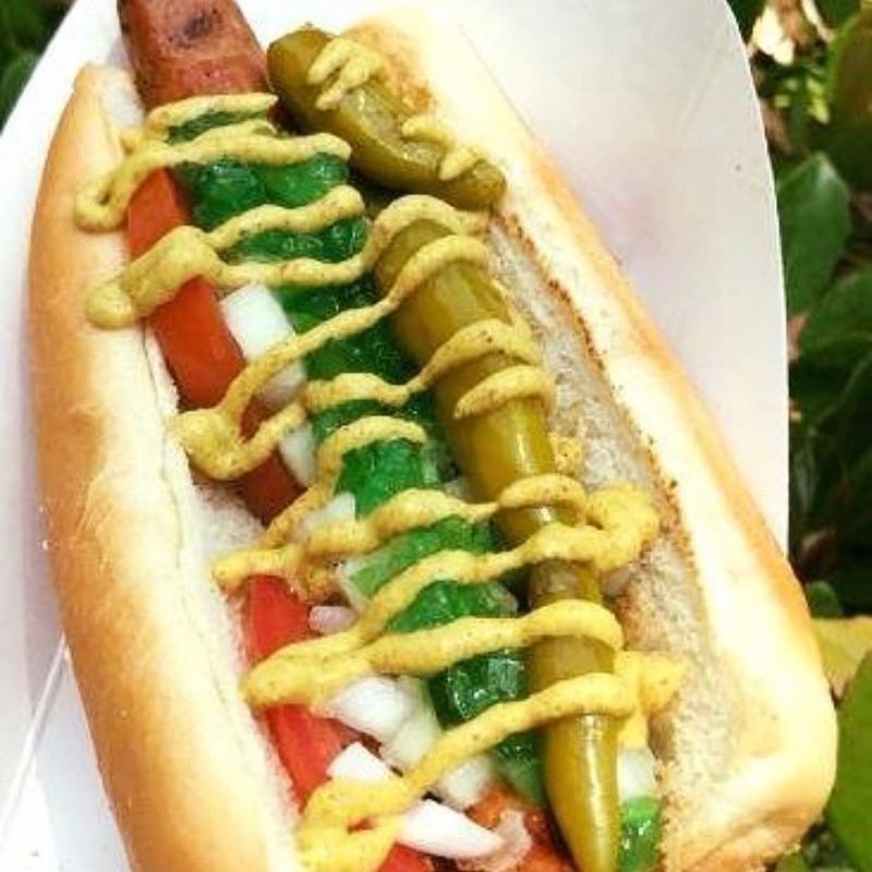 Chicago-style hot dog loaded with toppings